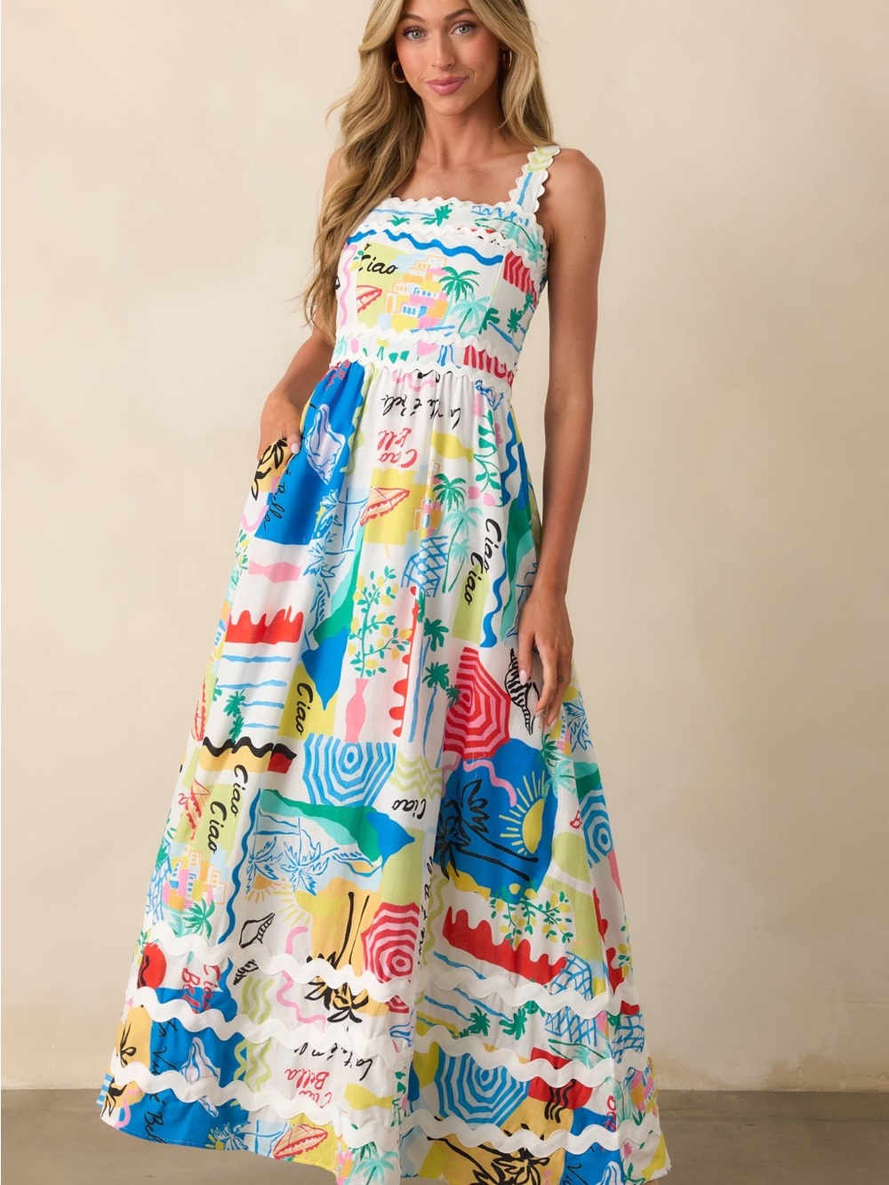 NWT Prosperina Florence Tropical Print Linen Maxi Dress Colorful Ric Rac Trim S - Picture 5 of 7